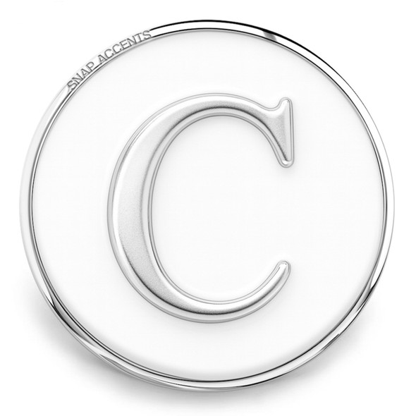 18mm snap jewelry charm with a polished silver letter C on a white enamel background and a silver circular border