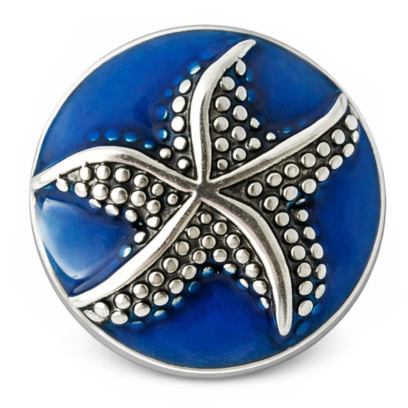 round snap jewelry charm with a silver-tone textured starfish on a deep blue enamel background