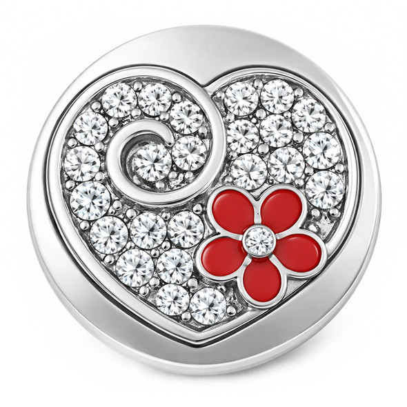 heart-shaped snap jewelry charm with clear rhinestones arranged in a swirl pattern and a red flower with a central rhinestone accent