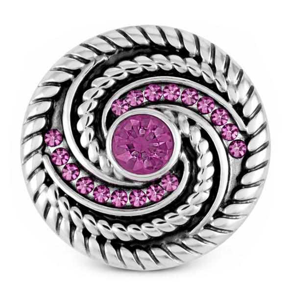 round silver snap jewelry charm with braided swirl design and light purple rhinestones including a larger center stone