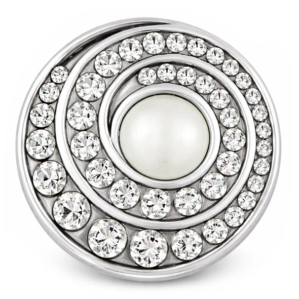 Silver SnapAccents snap jewelry charm with concentric circles of clear rhinestones and a central white pearl-like accent, perfect for interchangeable snap bracelets and accessories.