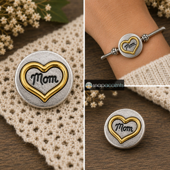 snap jewelry charm with a golden heart surrounding the word Mom in black script on a brushed silver background, shown loose and installed on a silver bracelet