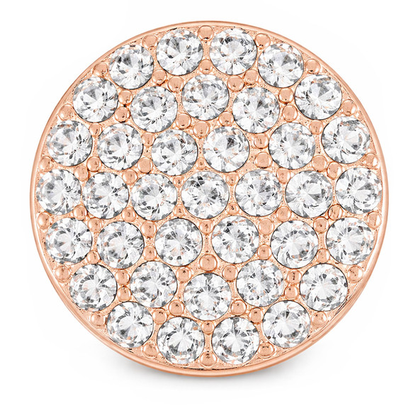 round rose gold snap jewelry charm covered with multiple clear rhinestones arranged in a grid pattern