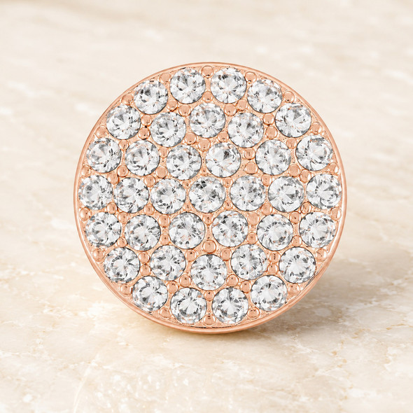 18mm round rose gold snap jewelry charm covered with multiple clear rhinestones arranged in a dense pattern