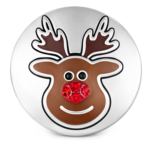 Silver snap jewelry charm with a brown reindeer face, dark brown antlers, black eyes, and a red rhinestone nose