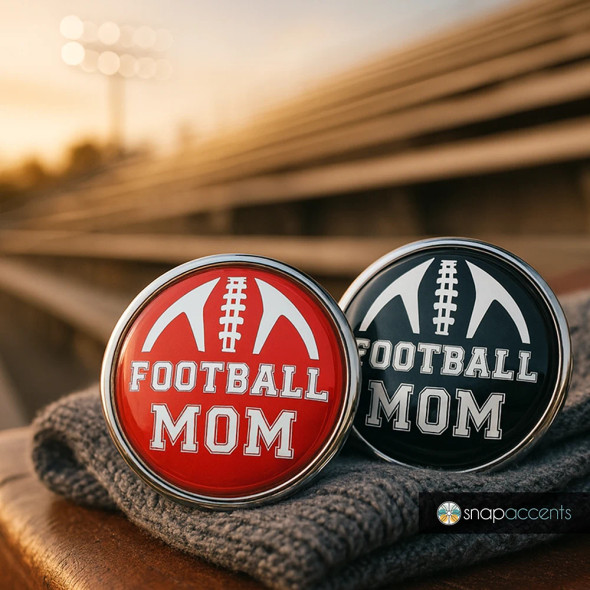 Round snap jewelry buttons with "Football Mom" text and football graphic in red and black, SnapAccents interchangeable snap charms for sports moms, stylish accessory for football supporters, perfect gift for proud football moms.