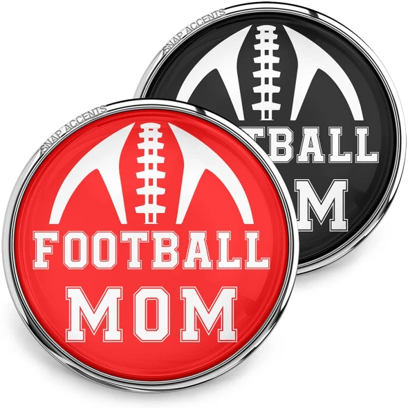 SnapAccents snap jewelry featuring two round "Football Mom" snap charms in red and black with white football design, perfect for sports moms, interchangeable snap buttons, stylish accessory for football fans, gift idea for moms supporting their players, casual and sporty jewelry piece.