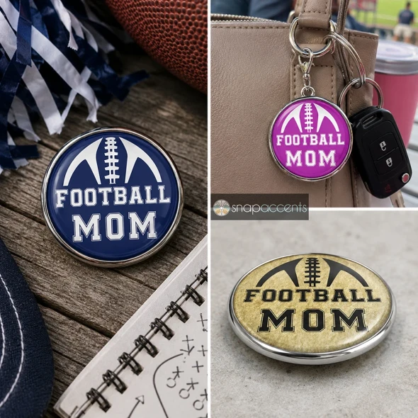 SnapAccents snap jewelry featuring two round "Football Mom" snap charms in red and black with white football design, perfect for sports moms, interchangeable snap buttons, stylish accessory for football fans, gift idea for moms supporting their players, casual and sporty jewelry piece.