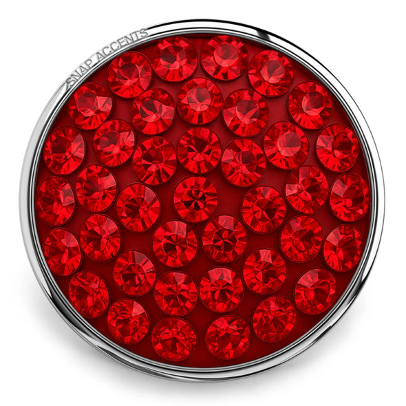 SnapAccents round snap jewelry charm featuring vibrant red rhinestones set in a silver-tone metal base, perfect for interchangeable snap bracelets, necklaces, and accessories, adding a bold and sparkling accent to personalized jewelry collections.