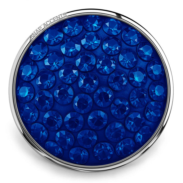 SnapAccents round snap jewelry charm with vibrant blue faceted crystals set in silver-tone metal, perfect for interchangeable snap bracelets and accessories.
