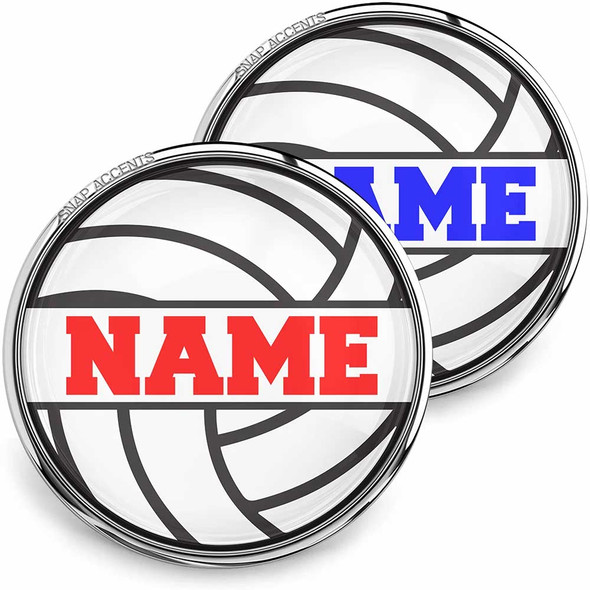 SnapAccents customizable snap jewelry featuring volleyball design with bold red and blue "NAME" text, interchangeable decorative charm for sports fans, athletes, and personalized gift options, perfect for bracelets or accessories.