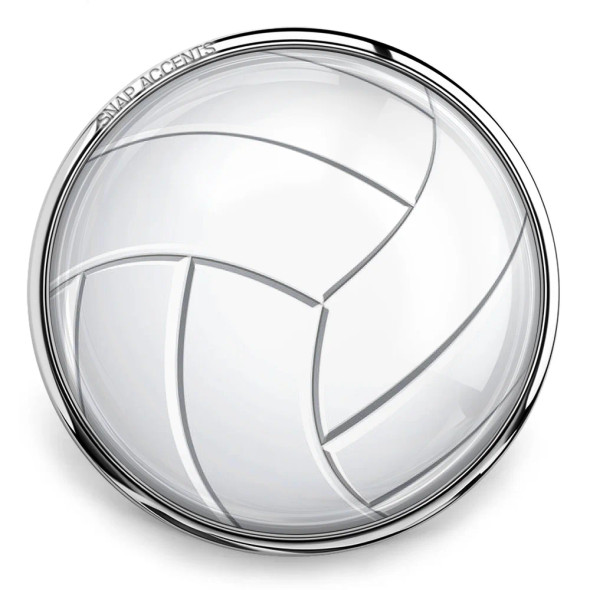 SnapAccents silver-tone volleyball snap charm with clear domed glass, interchangeable jewelry accessory for bracelets, necklaces, and customizable snap jewelry collections.