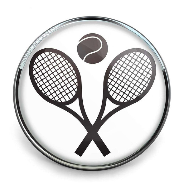 SnapAccents round snap jewelry charm featuring black crossed tennis rackets and tennis ball design, interchangeable snap button for bracelets, necklaces, and accessories, sports-themed fashion jewelry accessory.