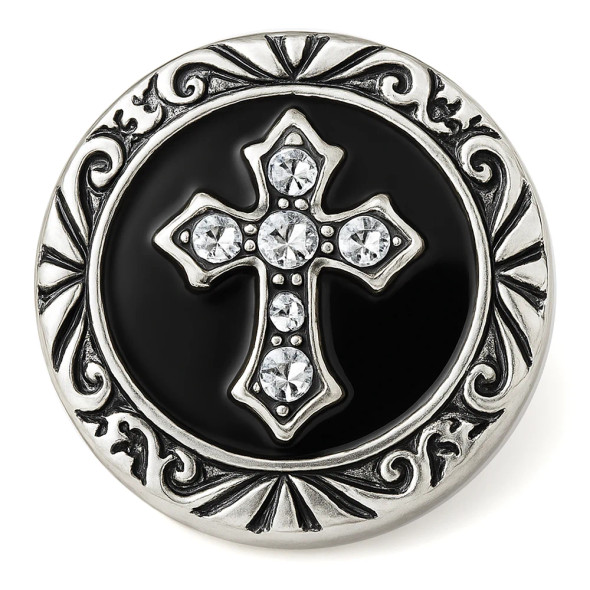 Silver-tone SnapAccents snap jewelry button with black enamel background, ornate border, and rhinestone-studded cross centerpiece, perfect for interchangeable charm bracelets and necklaces.