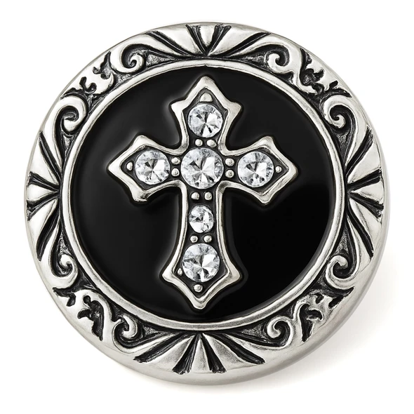 round snap jewelry charm with a black background, silver-tone ornate border, and a rhinestone-studded Celtic cross in the center