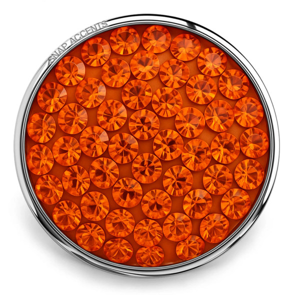 Round SnapAccents snap jewelry charm with vibrant orange faceted crystals set in silver-tone metal, perfect for interchangeable snap bracelets, necklaces, and accessories.