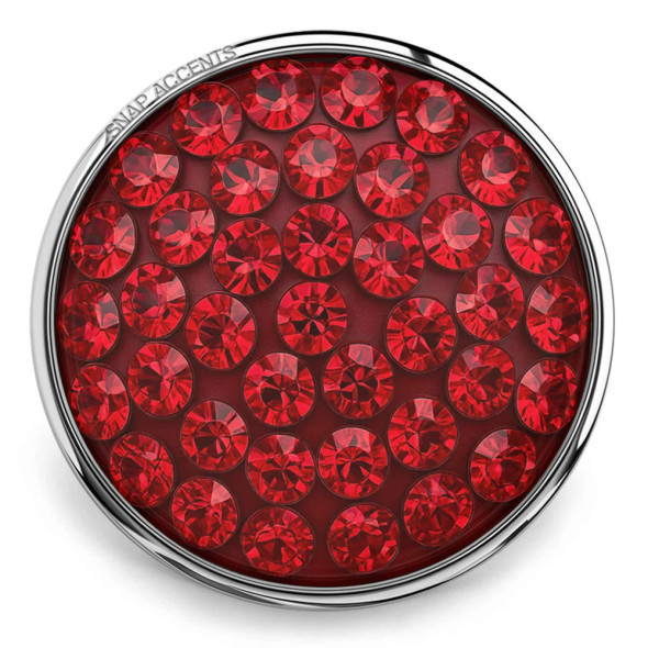 SnapAccents round snap jewelry charm with vibrant red rhinestones set in silver-tone metal, perfect for interchangeable snap bracelets, necklaces, and accessories, adding sparkling elegance and bold color to personalized fashion jewelry.