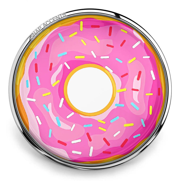 SnapAccents snap jewelry charm featuring a colorful pink frosted donut design with multicolored sprinkles, perfect for interchangeable snap bracelets, necklaces, and accessories. Bright, fun, and playful fashion jewelry accent for casual wear and gift ideas.