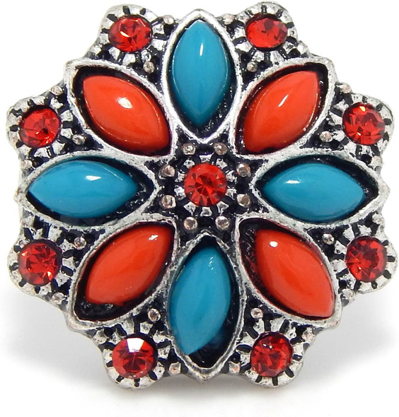 snap jewelry charm with flower design featuring dark coral and teal petal shapes accented by red rhinestones in a silver-tone setting