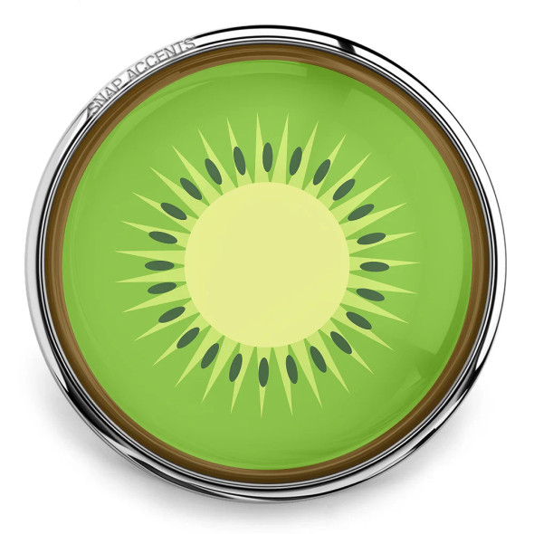 SnapAccents round snap jewelry charm featuring a vibrant green kiwi fruit design with black seeds and silver metal frame, perfect for interchangeable snap bracelets and accessories.
