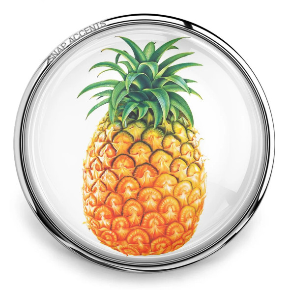 SnapAccents snap jewelry charm featuring a vibrant, detailed pineapple design with green leaves and textured yellow-orange body, set in a shiny silver-tone round frame, perfect for customizable snap bracelets, necklaces, and accessories.