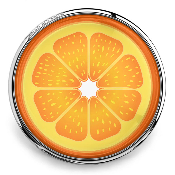 SnapAccents snap jewelry charm featuring a vibrant orange slice design with bright yellow and orange colors, encased in a shiny silver metal frame, perfect for customizable snap bracelets, necklaces, and accessories.