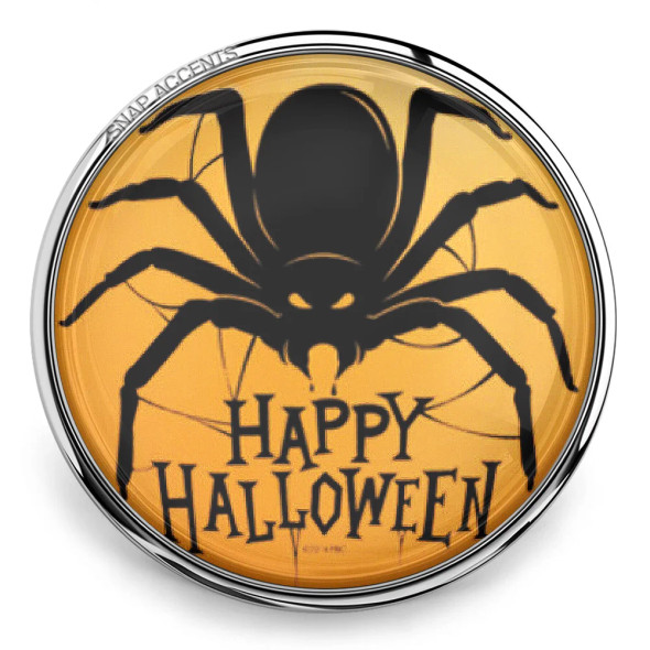 SnapAccents Halloween snap jewelry charm featuring a black spider on an orange background with "Happy Halloween" text, perfect for seasonal accessories and festive jewelry.