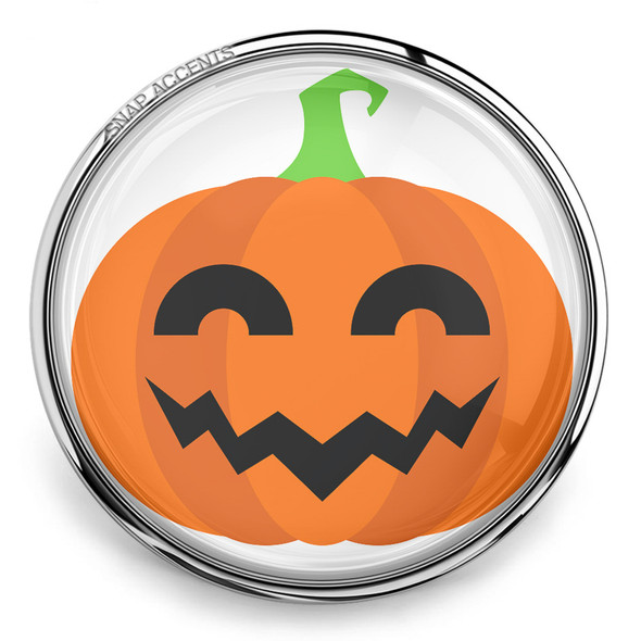 snap jewelry charm with a bright orange smiling jack-o-lantern pumpkin and green stem encased in a silver metal frame