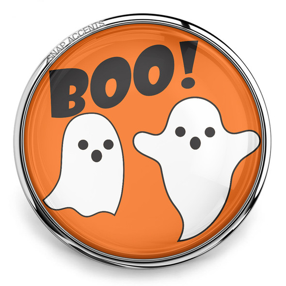 round snap jewelry charm with two white ghosts and bold black BOO! text on an orange background in a silver metal setting