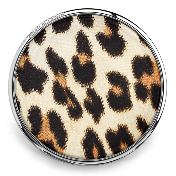 Round SnapAccents snap jewelry charm with leopard print fabric design in silver-tone metal frame, trendy animal print accessory for interchangeable snap jewelry collections.