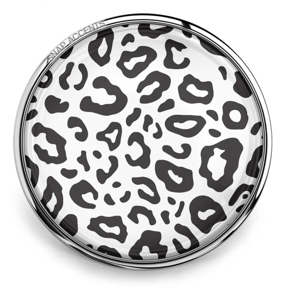 Black and white leopard print SnapAccents snap jewelry charm with clear dome and silver metal edge, stylish interchangeable accessory for bracelets and necklaces.