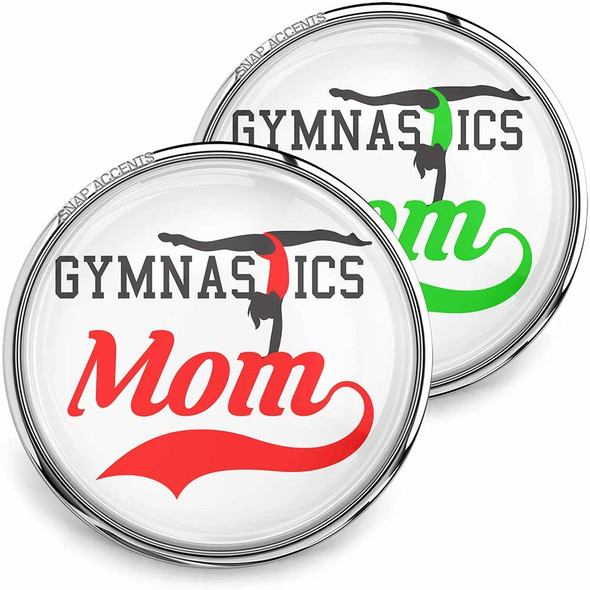 SnapAccents snap jewelry buttons featuring "Gymnastics Mom" text with a silhouette of a gymnast in red and green colors, perfect for gymnastics moms, sports accessories, and personalized snap charm collections.