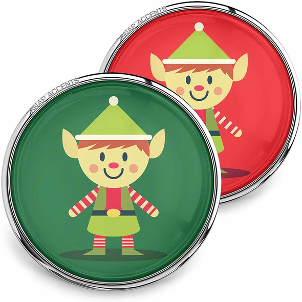 Round SnapAccents snap jewelry buttons featuring cute cartoon Christmas elves with green hats and striped red-and-white sleeves on red and green backgrounds, perfect for holiday-themed snap charm bracelets and accessories.