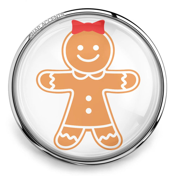 SnapAccents snap jewelry charm featuring a smiling gingerbread girl with a red bow, white icing details, and buttons, perfect for holiday-themed interchangeable snap bracelets and accessories.