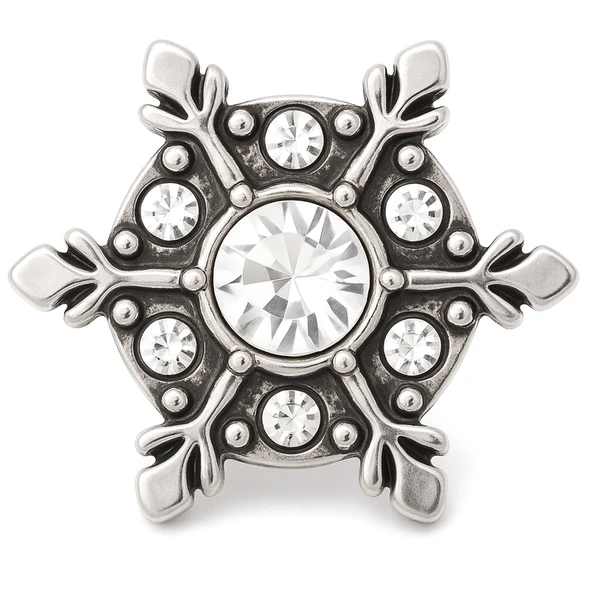 silver snowflake snap jewelry charm with a large central clear rhinestone and six smaller clear rhinestones on each arm