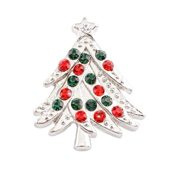 Silver-tone snap jewelry charm shaped like a Christmas tree with red and green rhinestones and a clear rhinestone star at the top