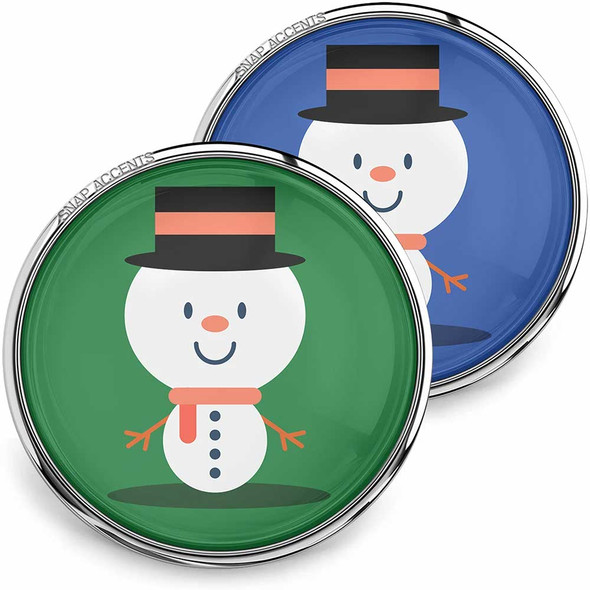 SnapAccents snap jewelry buttons featuring cute snowman designs with black top hats and orange scarves on green and blue backgrounds, perfect for winter and holiday-themed interchangeable snap accessories.