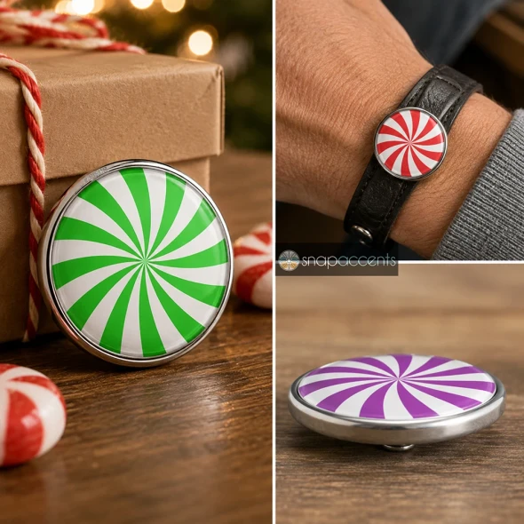 SnapAccents holiday snap jewelry buttons featuring red and white and green and white peppermint swirl designs, round metal snap charms, festive Christmas accessories, decorative interchangeable jewelry pieces on cozy knit background.