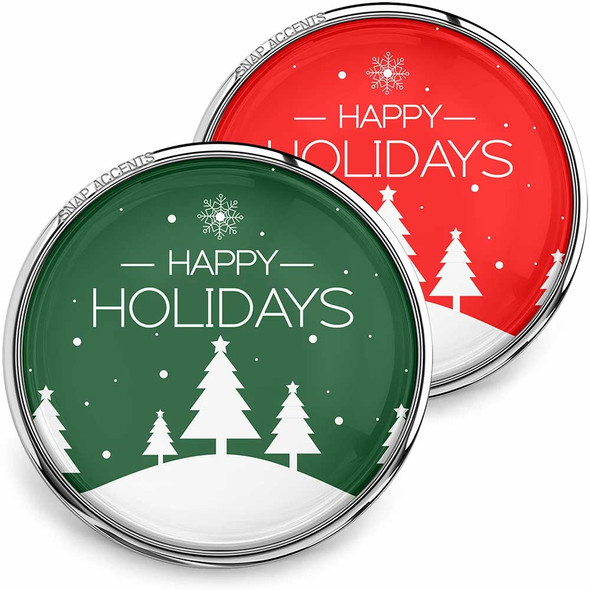 SnapAccents holiday snap jewelry set featuring two interchangeable snaps with festive "Happy Holidays" text, white Christmas trees, snowflakes, and snow on red and green backgrounds, perfect for seasonal accessories and gift ideas.
