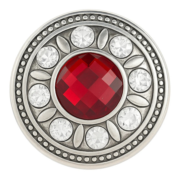 Round SnapAccents snap jewelry charm with a large faceted red center stone, surrounded by eight clear rhinestones and silver leaf accents, set in an antique silver-tone metal base with decorative beaded edge, perfect for interchangeable snap jewelry bracelets and accessories.