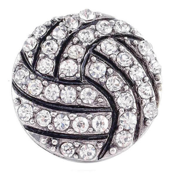 round snap jewelry charm with a volleyball design covered in clear rhinestones and black detailing