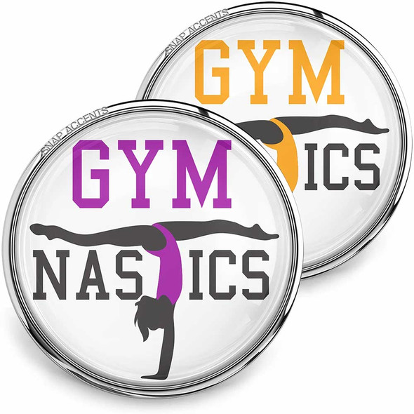 SnapAccents snap jewelry buttons featuring gymnastics design with a silhouette of a gymnast doing a handstand, colorful purple and orange leotards, bold "GYM" text in uppercase, perfect for gymnastics enthusiasts, athletes, coaches, and fans, ideal for accessorizing bags, jackets, or hats with sporty and motivational themes.