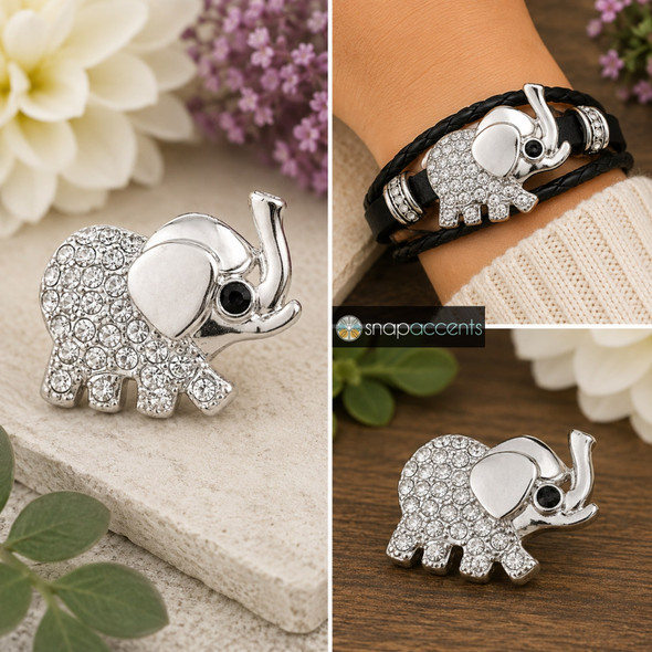 Silver snap jewelry charm shaped like an elephant with clear rhinestones and a black gem eye, shown loose and attached to a black leather bracelet