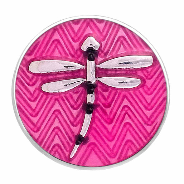 Pink round SnapAccents snap jewelry charm featuring a silver dragonfly design with black accents on a textured zigzag background, perfect for interchangeable snap bracelets, necklaces, and accessories.
