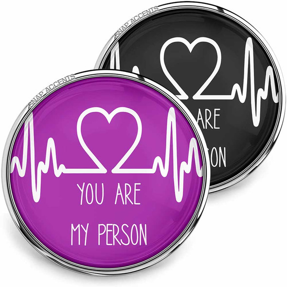 SnapAccents snap jewelry buttons with heartbeat and heart design, featuring the phrase "You Are My Person" in white text on purple and black backgrounds, perfect for personalized charm accessories, gift ideas, and meaningful keepsakes.