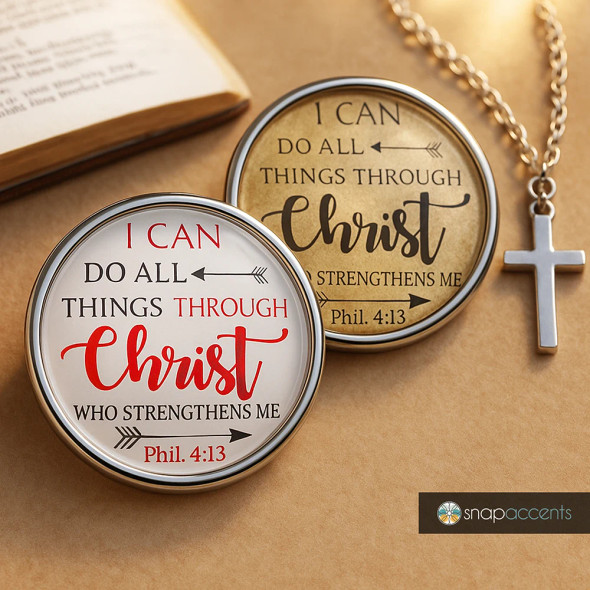 Round SnapAccents snap jewelry with inspirational Bible verse "I can do all things through Christ who strengthens me" Phil. 4:13, featuring elegant script and arrow design, displayed with a silver cross necklace on a warm background.