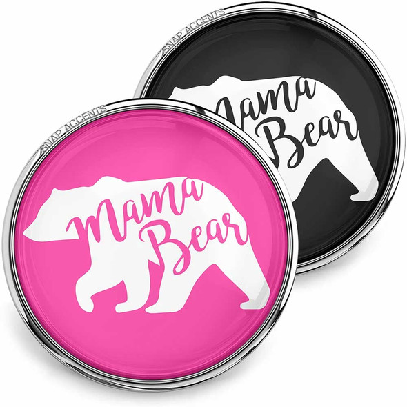 SnapAccents snap jewelry buttons featuring "Mama Bear" text with white bear silhouette on vibrant pink and black backgrounds, interchangeable snap charms for bracelets, necklaces, and accessories, perfect gift for moms, stylish and customizable jewelry accents.