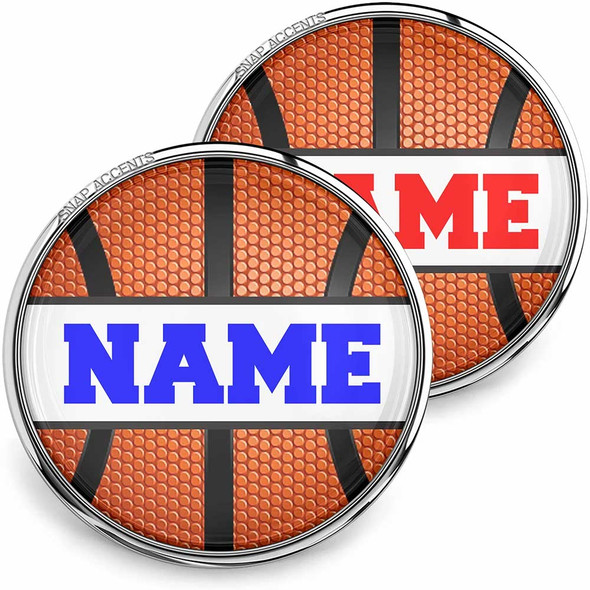 Customizable basketball snap jewelry pieces by SnapAccents, featuring realistic basketball texture and bold name text in blue and red, perfect for sports fans and personalized gifts.