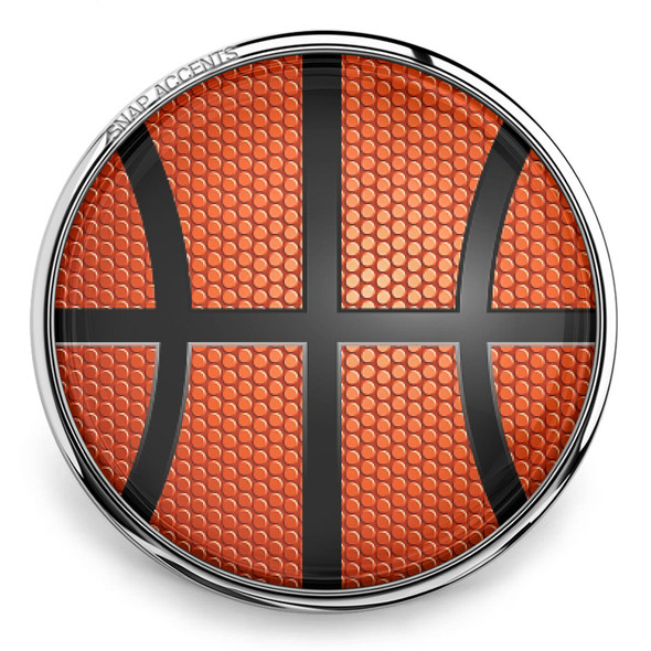 round snap jewelry charm with an orange basketball design featuring black lines and textured surface in a silver metal setting