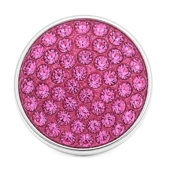 round snap jewelry charm covered with multiple bright pink rhinestones set in a silver-tone base